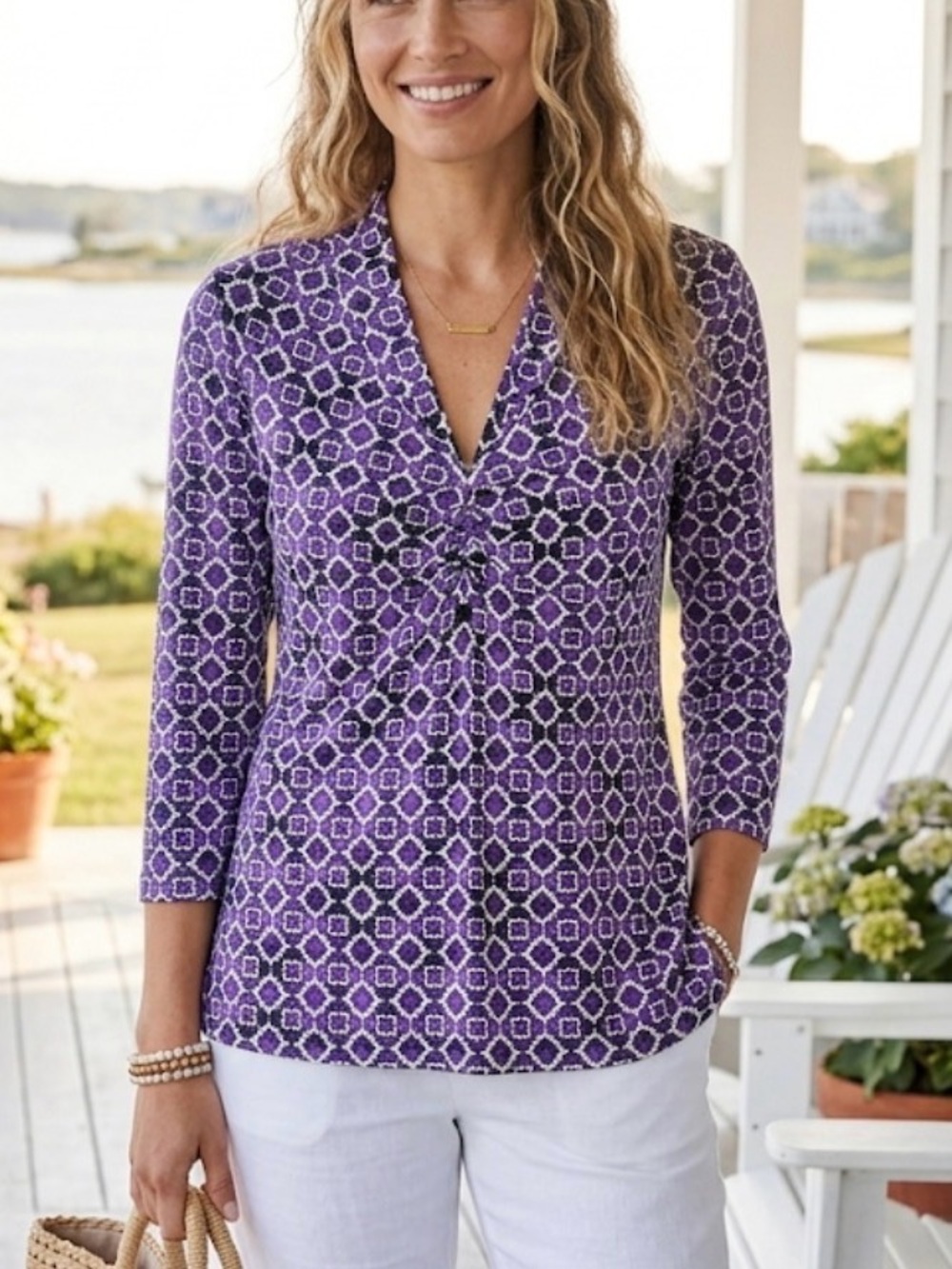 J.McLaughlin‎ Catalina Cloth Purple Geometric Print V-Neck Knit Top Size Large